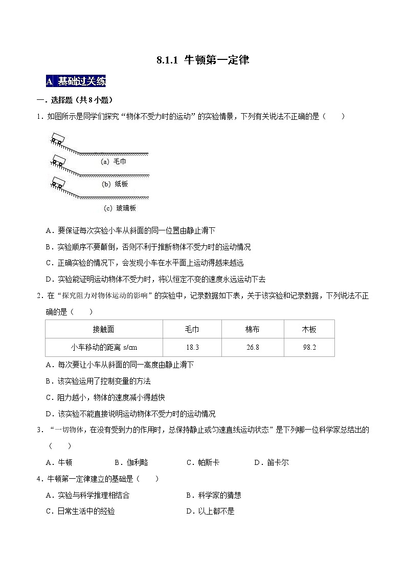 8.1.1牛顿第一定律八年级物理下册课时同步分层训练（人教版） （原卷版）第1页