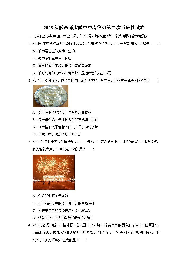 2023年陕西师大附中中考物理第二次适应性试卷（含答案）01