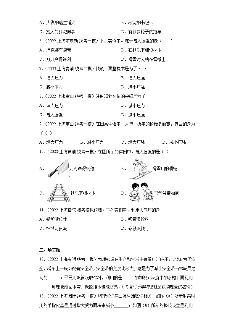 30改变压强的方法和应用-上海市2022年中考物理模拟题高频考点分类汇编02