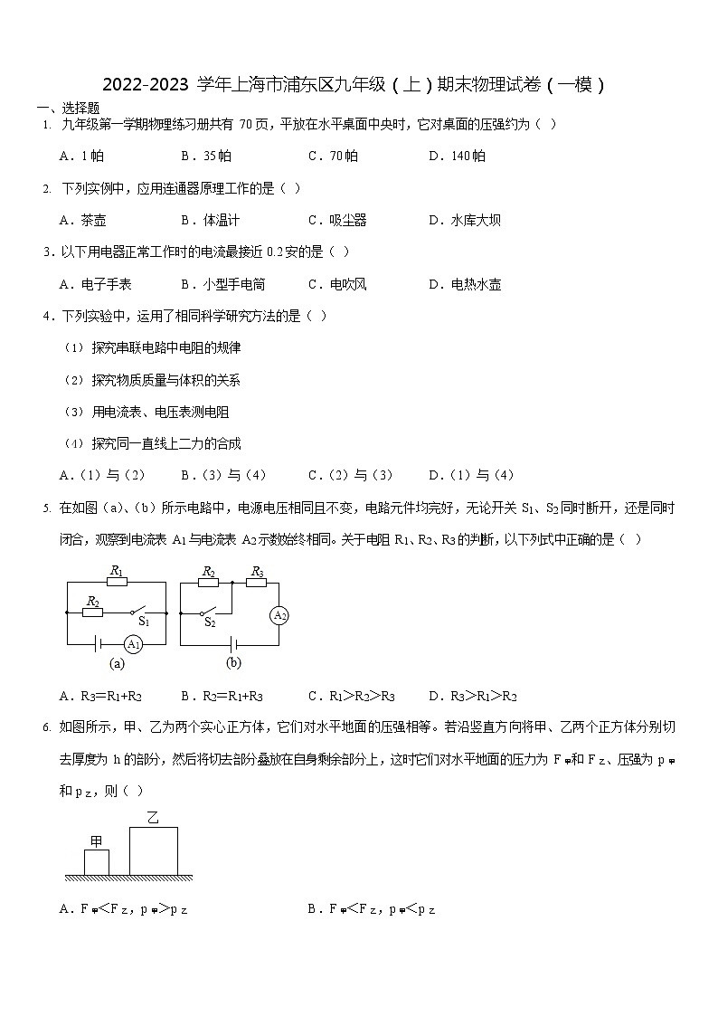 2023年上海市浦东区九年级上学期期末物理中考一模试卷含答案第1页