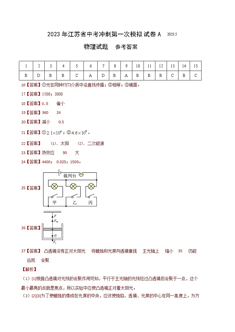 2022-2023学年中考物理一模A卷（参考答案）第1页