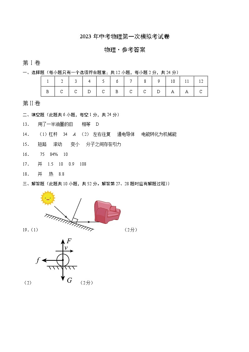 物理（江苏南京卷）（参考答案）第1页