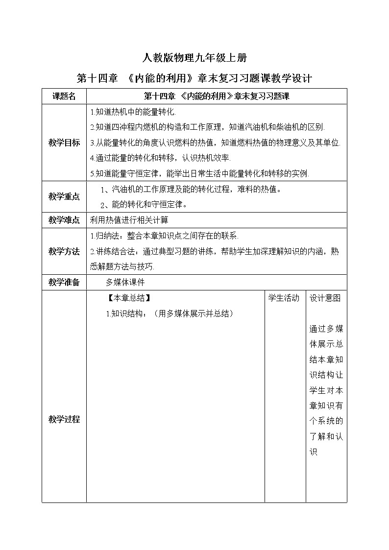 第14章《内能的利用》章末复习习题课ppt课件+教学设计+同步练习（含参考答案）01