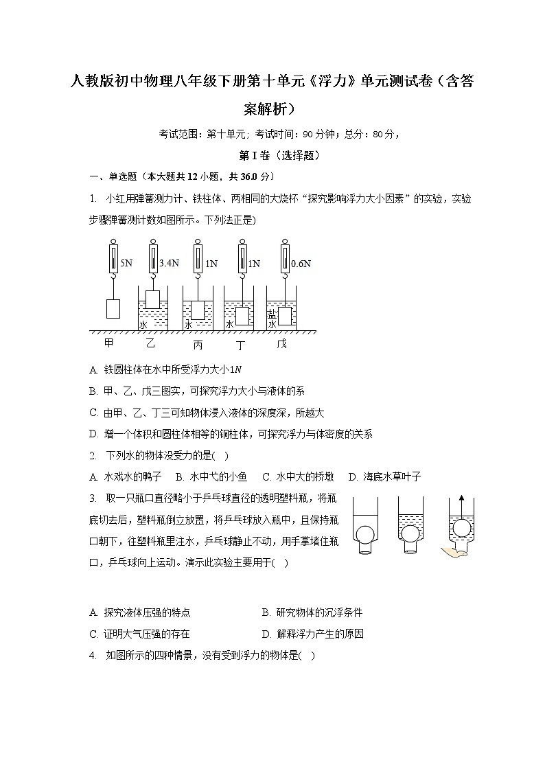 人教版初中物理八年级下册第十单元《浮力》单元测试卷（含答案解析）（困难）01