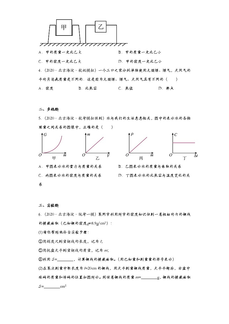 北京市海淀区2020-2022三年中考物理模拟试题分类汇编01-密度及其测量02