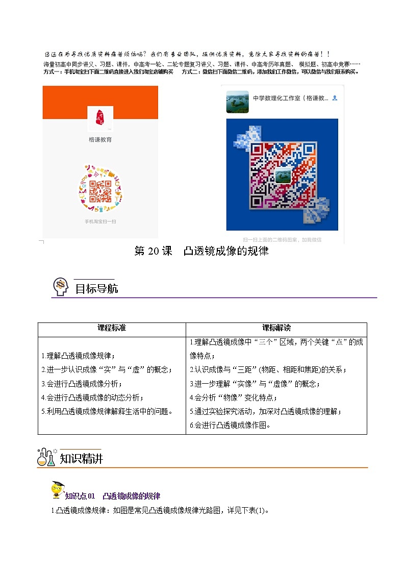 2022年初中物理同步 8年级上册 第20课  凸透镜成像的规律（教师版含解析）第1页