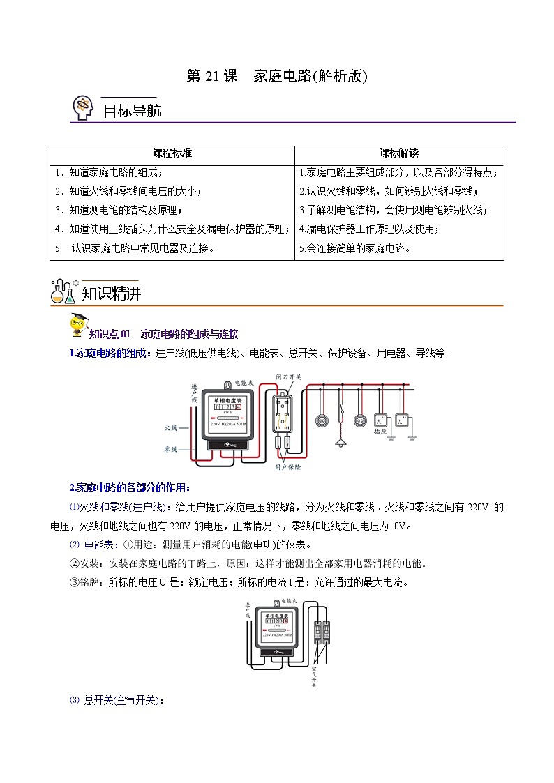 人教版初中物理同步 9年级全册 第24课  家庭电路（教师版含解析） 试卷01