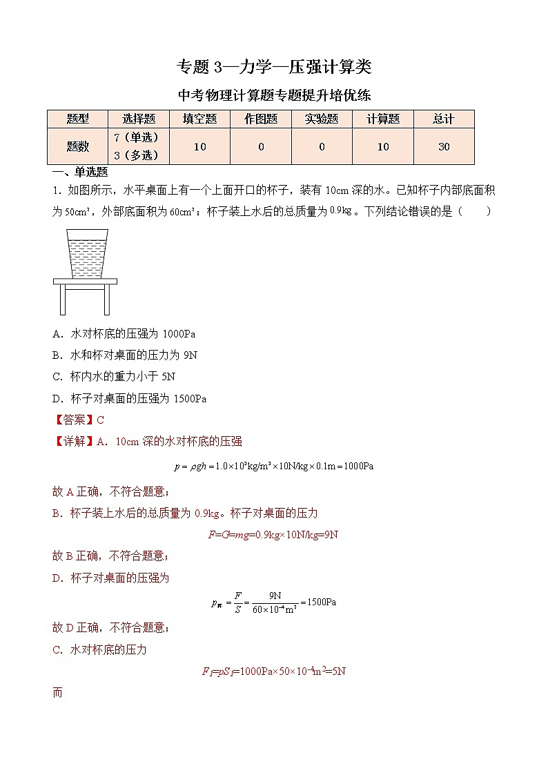 专题3—力学—压强计算类—中考物理计算题专题提升培优练01