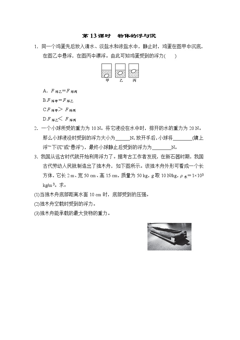 中考物理复习课前小测第13课时物体的浮与沉含答案第1页