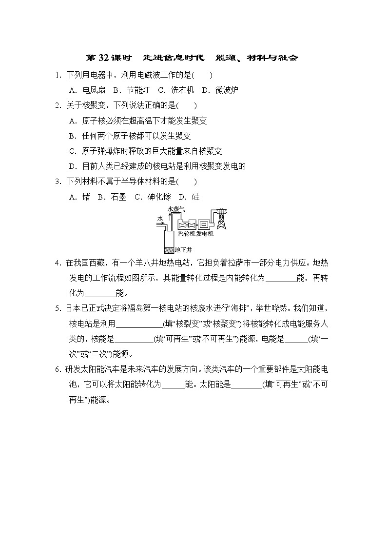 中考物理复习课前小测第32课时走进信息时代能源、材料与社会含答案第1页
