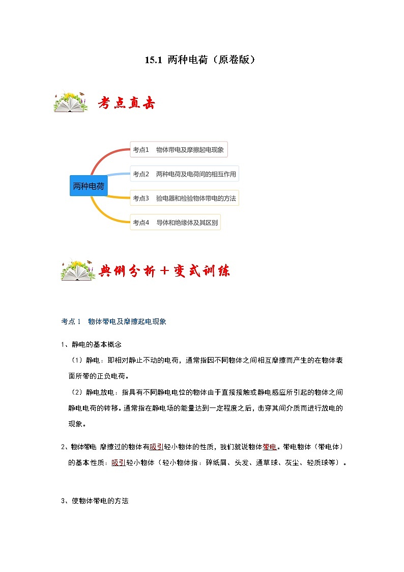 15.1 两种电荷-2022-2023学年九年级物理全一册同步考点专题训练（人教版）01