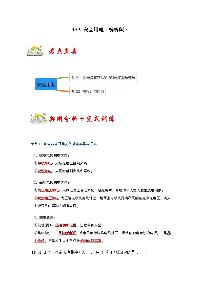 19.3 安全用电-2022-2023学年九年级物理全一册同步考点专题训练（人教版）01