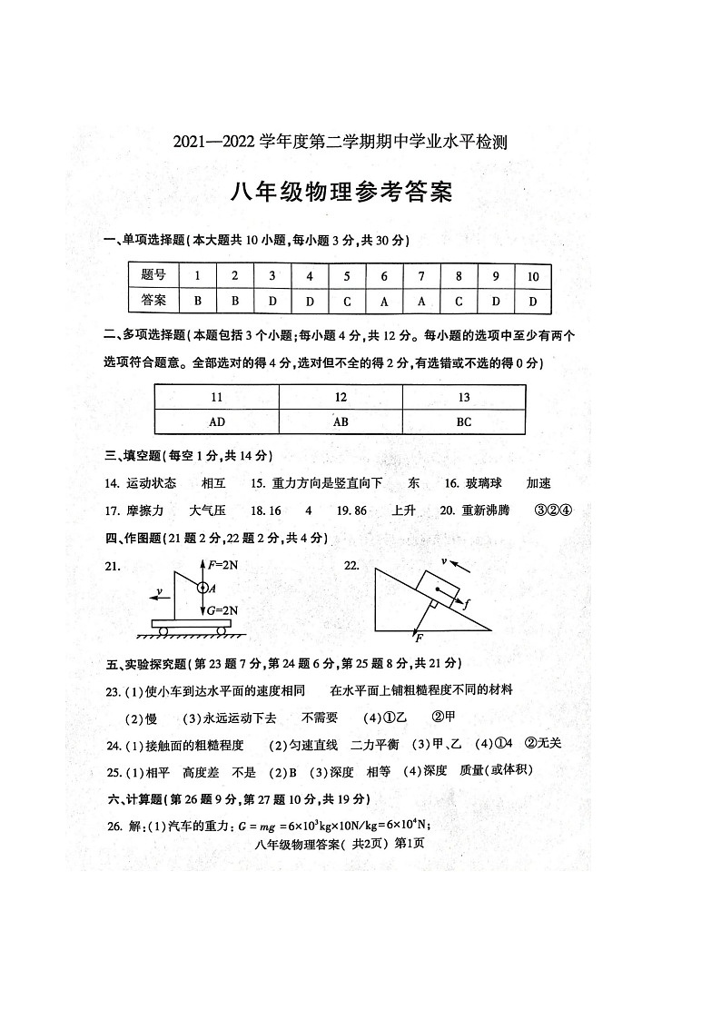 山东省聊城市阳谷县2021-2022学年八年级下学期期中考试物理试题01