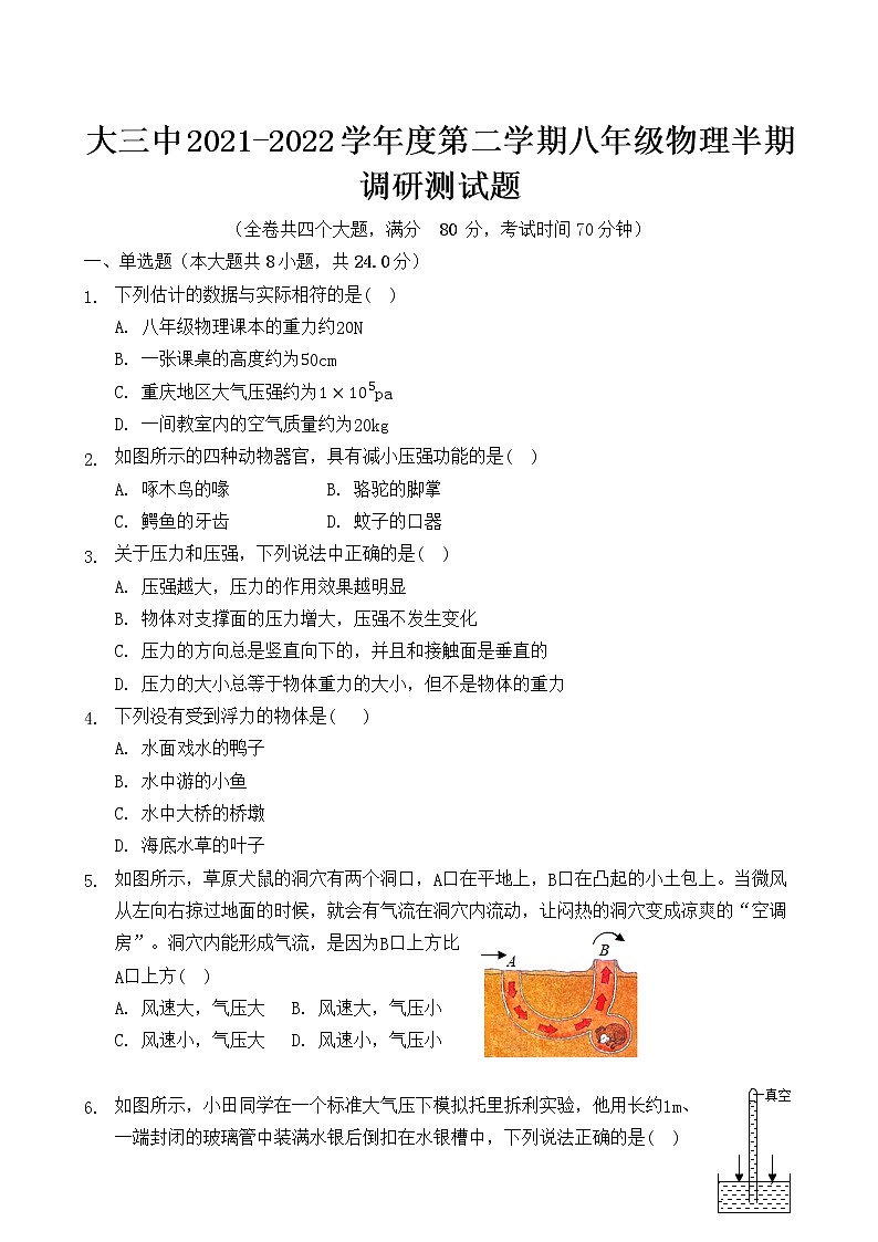 重庆大学城第三中学校2021-2022学年八年级下学期半期调研物理试题01