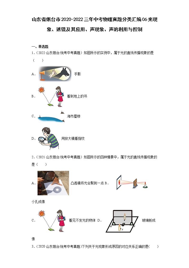山东省烟台市2020-2022三年中考物理真题分类汇编06光现象、透镜及其应用、声现象、声的利用与控制第1页