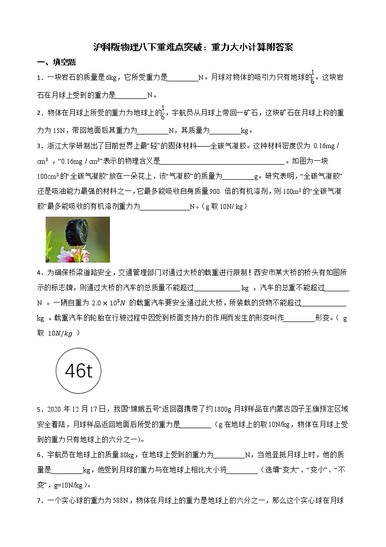 沪科版物理八下重难点突破：重力大小计算附答案 试卷01