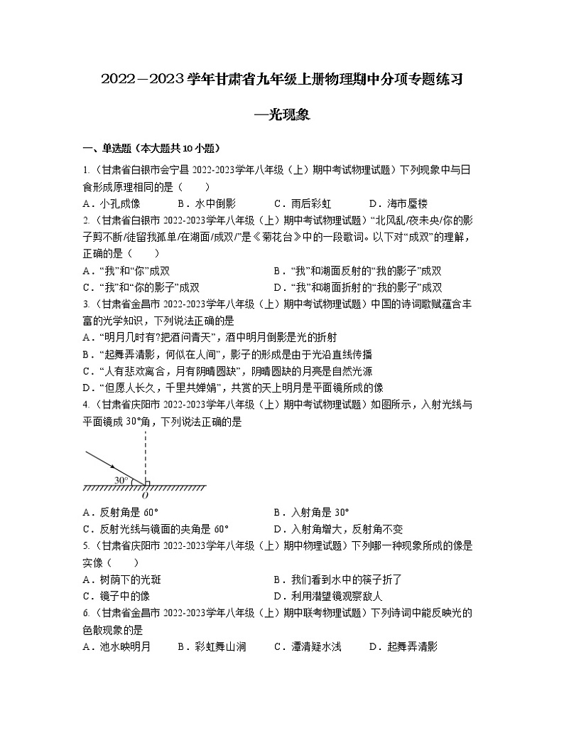 2022－2023学年甘肃省九年级上册物理期中分项专题练习—光现象（含解析）第1页