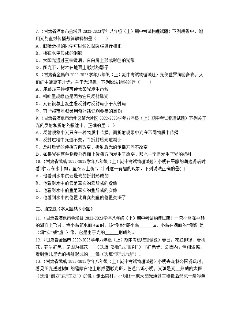 2022－2023学年甘肃省九年级上册物理期中分项专题练习—光现象（含解析）第2页