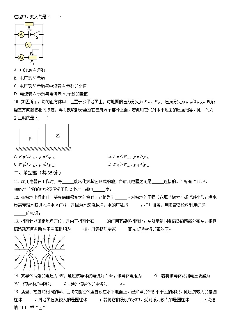 2023年上海市杨浦区初三3月线下中考物理一模试卷含详解02