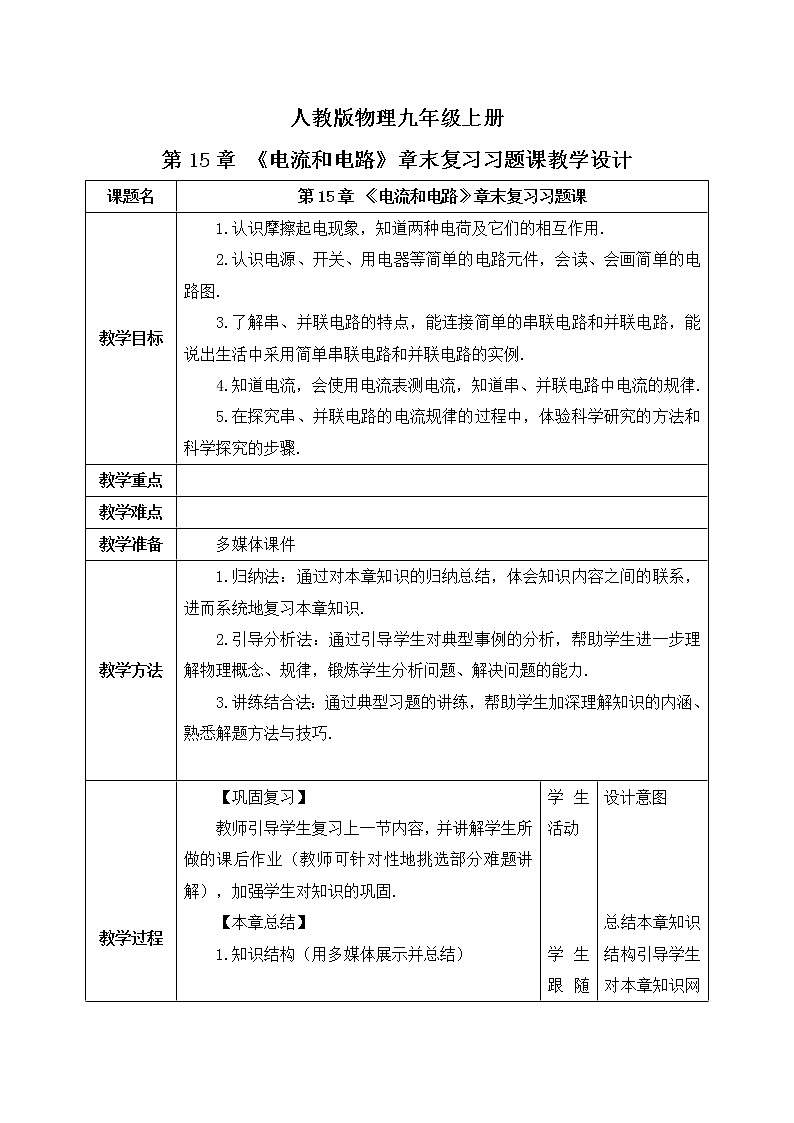 第15章《电流和电路》章末复习习题课ppt课件+教学设计+单元检测题（含参考答案）01