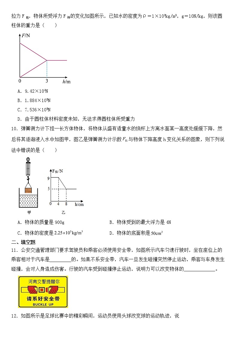山东省烟台市2023年八年级下学期物理期中试卷【含答案】第3页