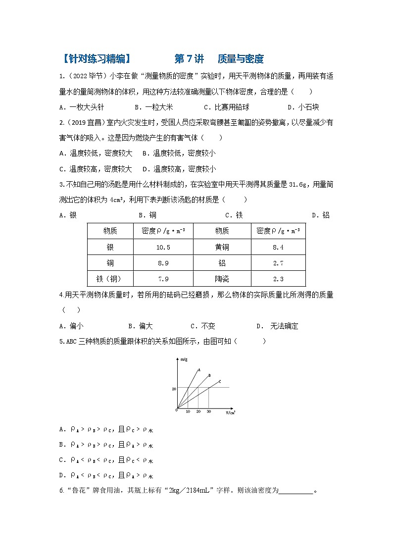 第7讲 质量与密度（针对练习精编）第1页