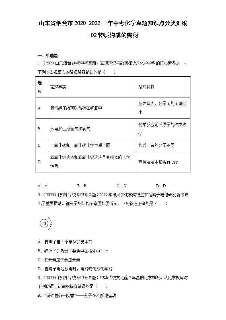 山东省烟台市2020-2022三年中考化学真题知识点分类汇编-02物质构成的奥秘01