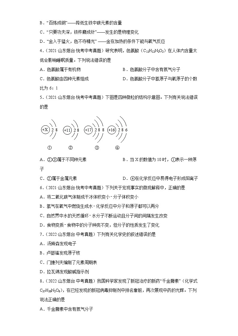 山东省烟台市2020-2022三年中考化学真题知识点分类汇编-02物质构成的奥秘02