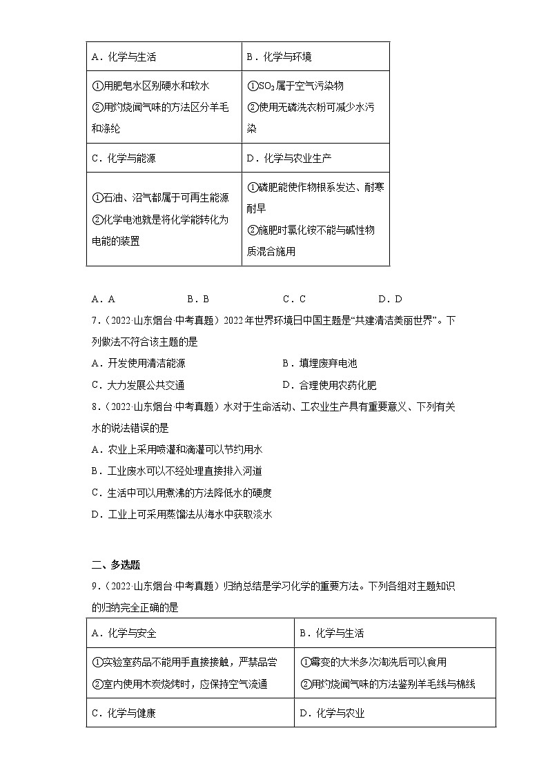 山东省烟台市2020-2022三年中考化学真题知识点分类汇编-07化学与社会发展03