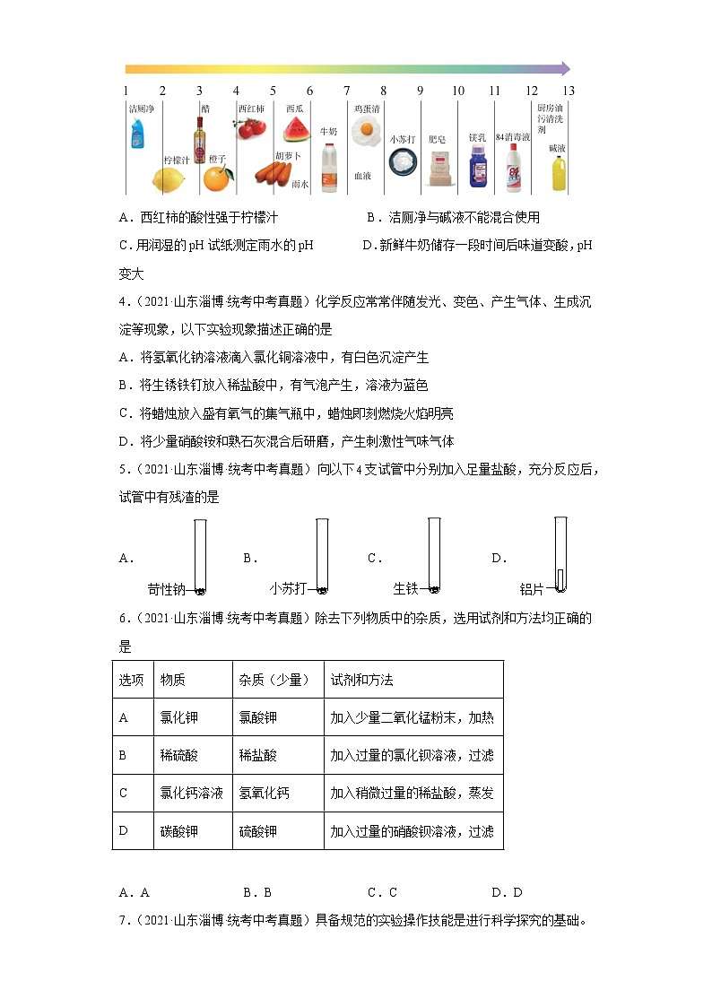 山东省淄博市2020-2022三年中考化学真题知识点分类汇编-05酸和碱、中和反应，盐和化肥02