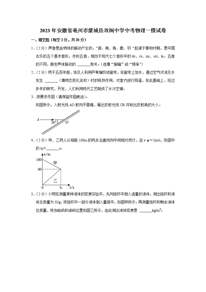 2023年安徽省亳州市蒙城县双涧中学中考物理一模试题（含答案）01