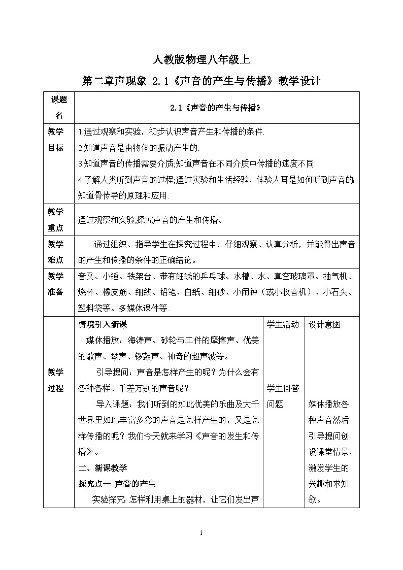 2.1《声音的产生和传播》ppt课件+教学设计+同步练习题（含参考答案）01