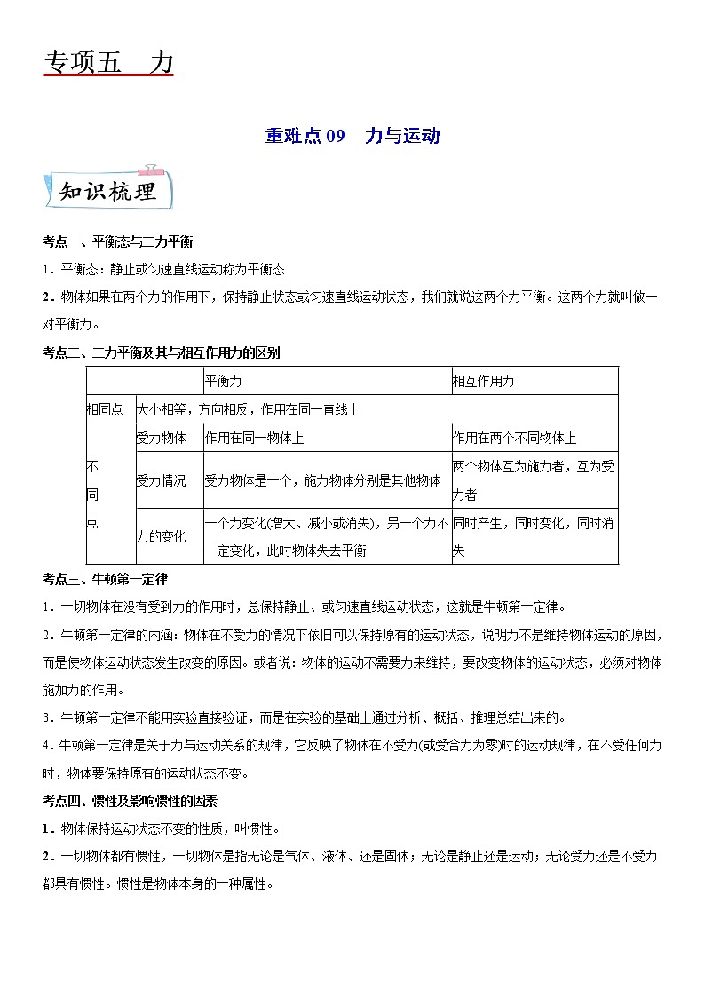 重难点09  力与运动  （原卷版）第1页