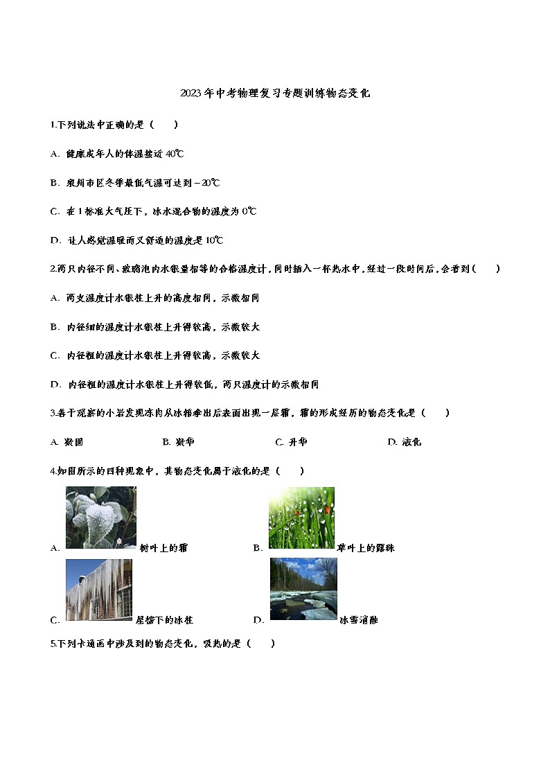 2023年中考物理复习专题训练物态变化第1页