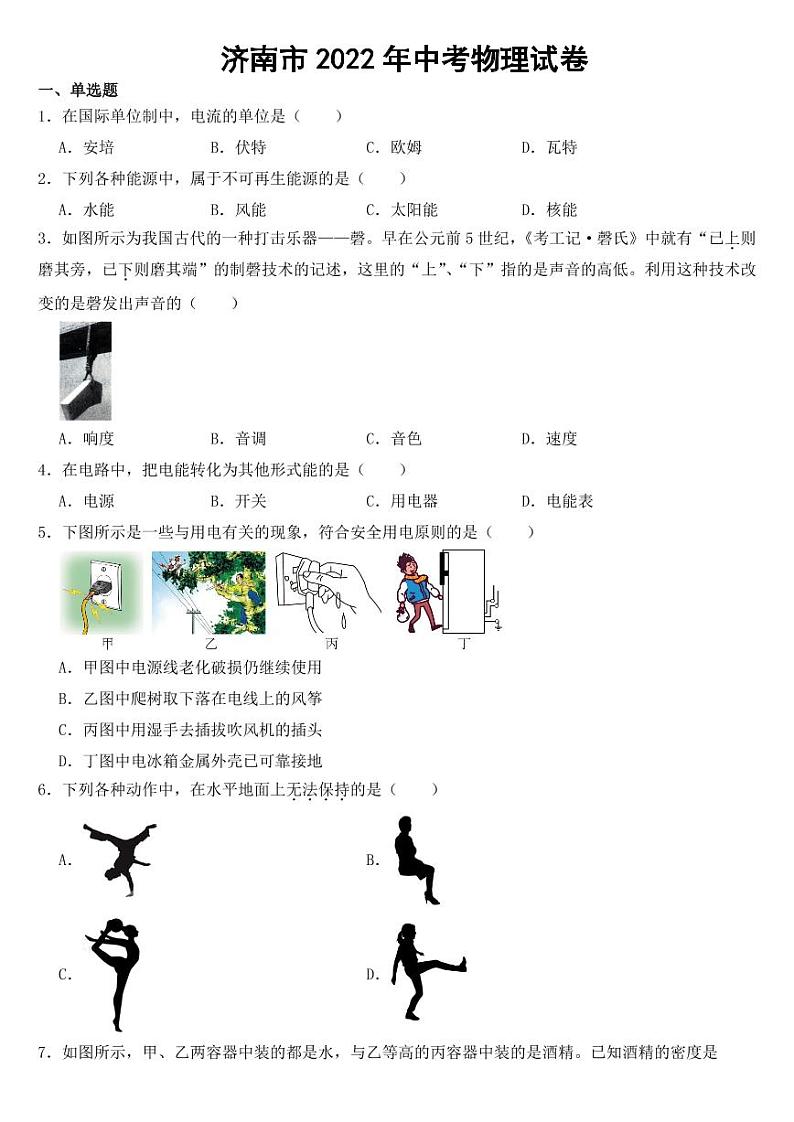 山东省济南市2022年中考物理试卷【附参考答案】01