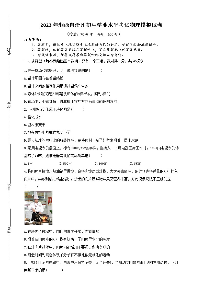 2023年湘西自治州初中学业水平考试物理模拟试卷（二）第1页