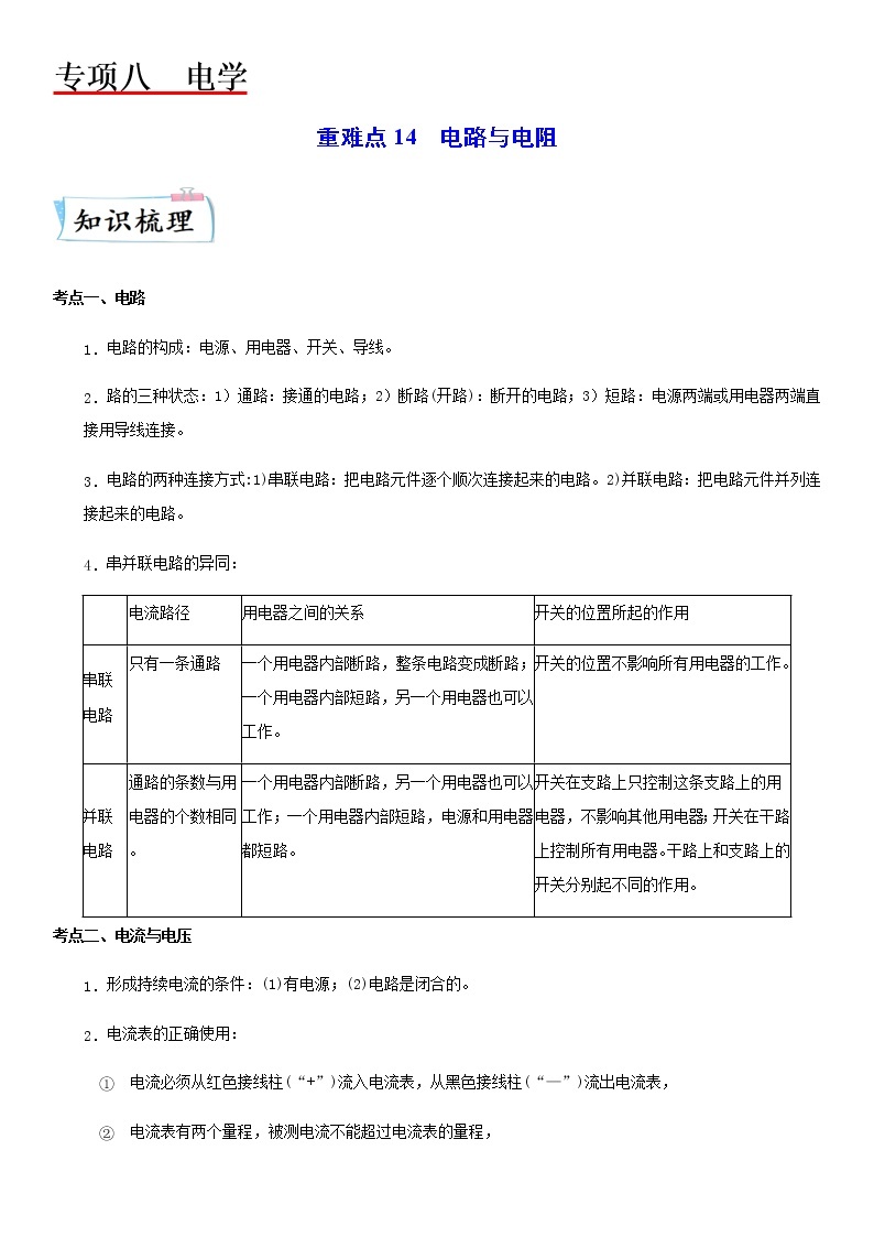 重难点14  电路与电阻-2023年中考物理【热点·重点·难点】专练（江苏专用）01