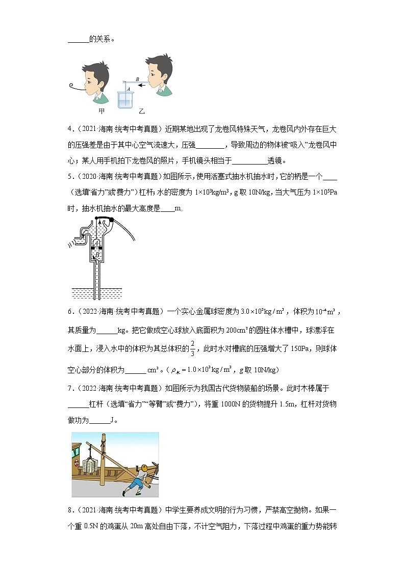 海南省2020-2022三年中考物理真题分类汇编-01力学（压强、浮力、做功和机械能、简单机械及机械效率）第2页