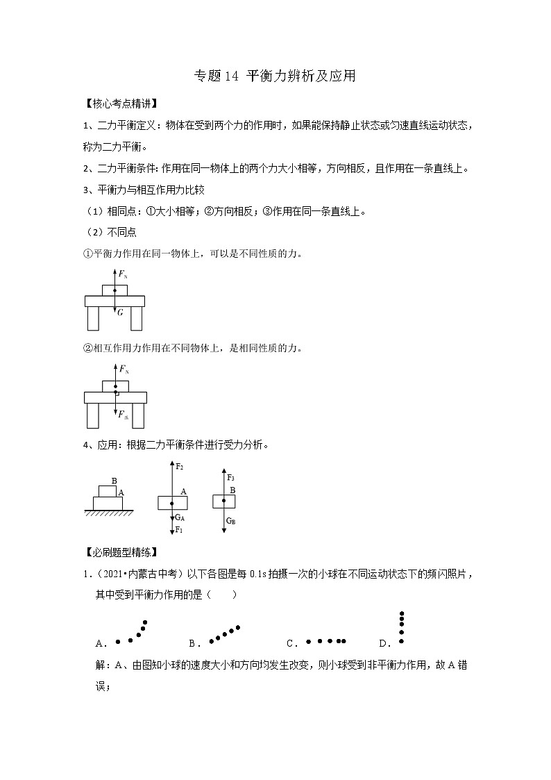 专题14 平衡力辨析及应用（解析版）-2023年中考物理二轮复习核心考点精讲与精练（全国通用）第1页