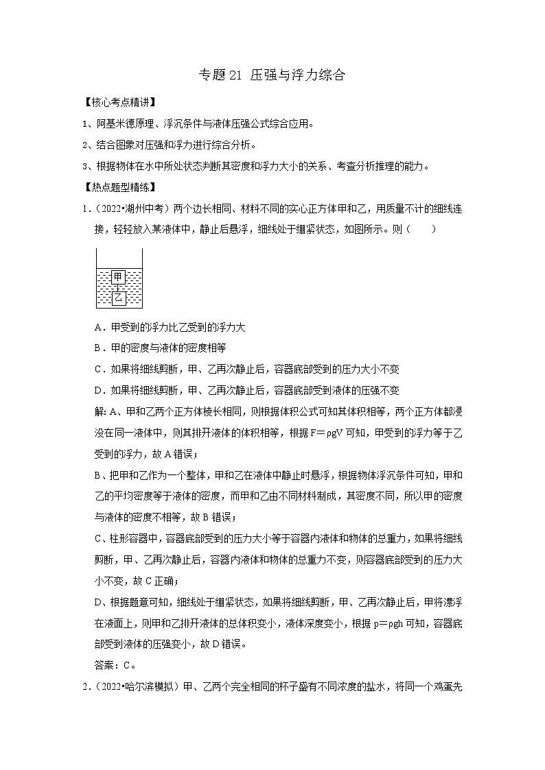 专题21 压强与浮力综合（解析版）-2023年中考物理二轮复习核心考点精讲与精练（全国通用）第1页