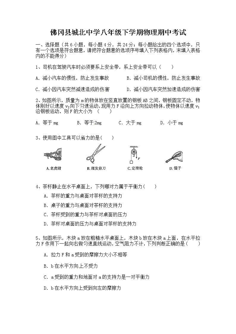 广东省清远市佛冈县城东中学2022-2023学年八年级下学期4月期中物理试题01