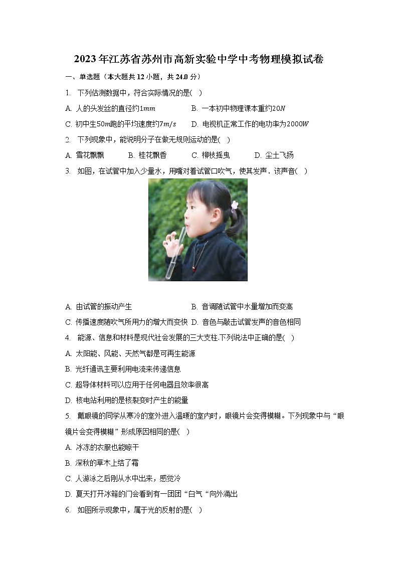2023年江苏省苏州市高新实验中学中考物理模拟试卷（含解析）第1页