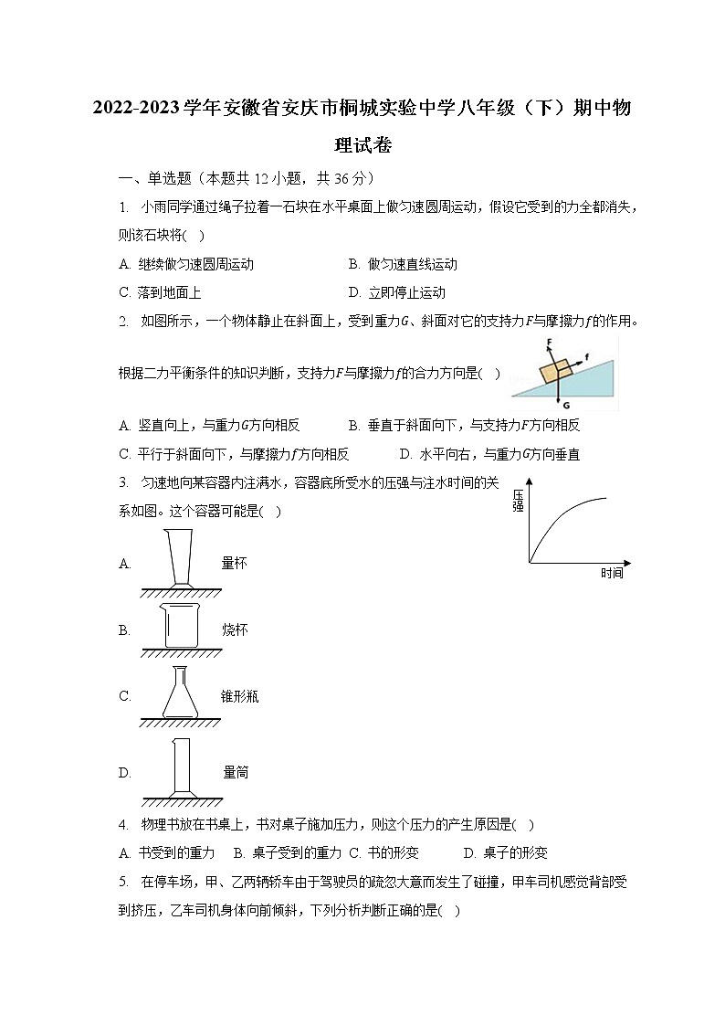 2022-2023学年安徽省安庆市桐城实验中学八年级（下）期中物理试卷（含解析）第1页