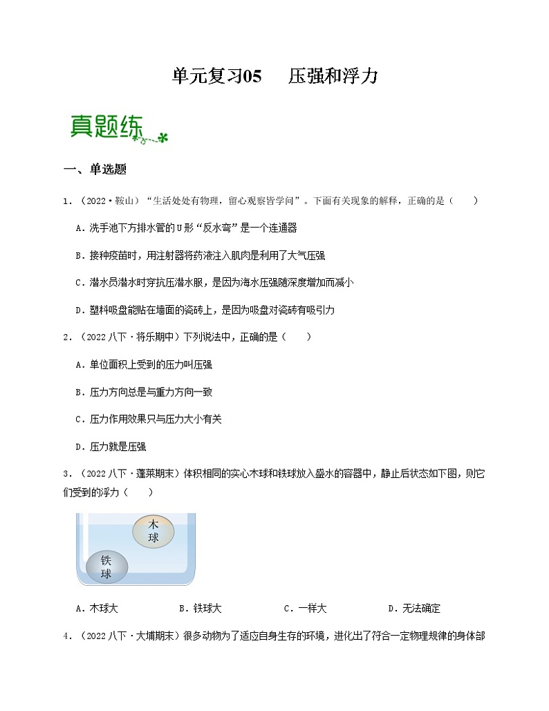 单元复习05 压强和浮力 【专项练习】——2022-2023学年苏科版物理八年级下册单元综合复习（原卷版+解析版）01