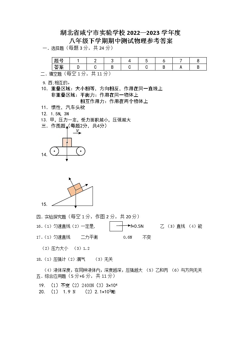 湖北省咸宁市实验学校2022—2023学年度 八年级下学期期中物理试题01