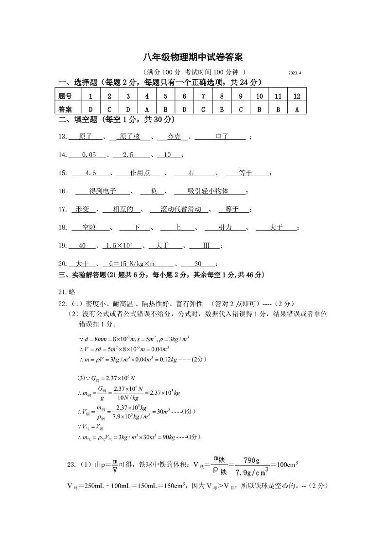 江苏省扬州市江都区邵樊片2022-2023学年八年级下学期期中物理试卷01