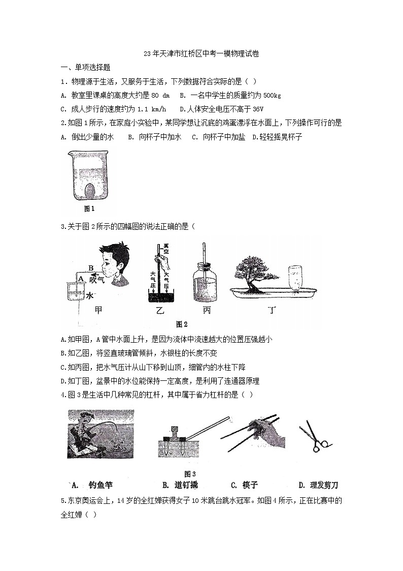 2023年天津市红桥区九年级一模物理试题01