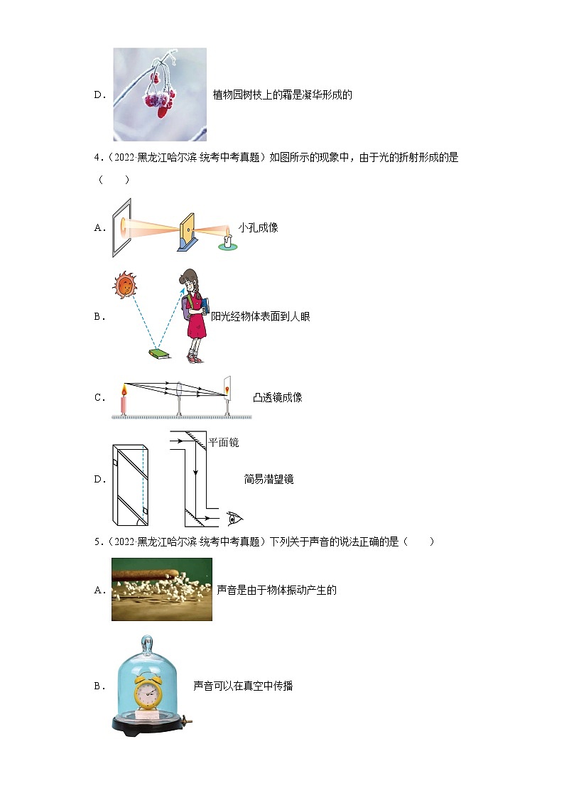 黑龙江哈尔滨2020-2022三年中考物理真题分类汇编-05热学、光学、声学02