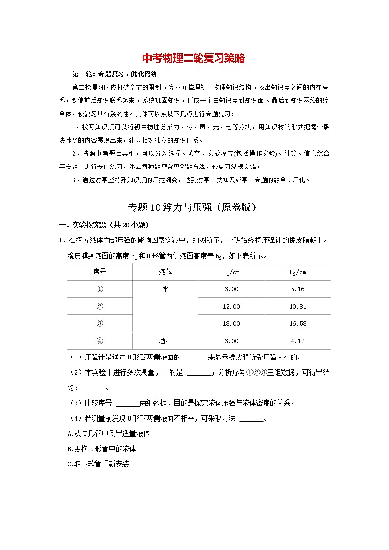 专题10 浮力与压强（原卷版）第1页