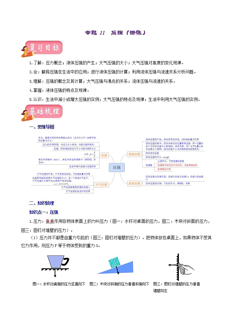 中考物理一轮复习讲测练专题11  压强（讲练）（教师版）01